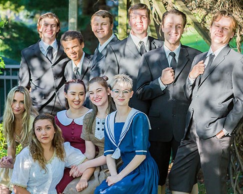 The cast of Spring Awakening, left to right top row - Ethan Sherman, Derrick Wilson, Jackson Nielsen, Dan Cosgray, Matt Stewart, Liam Bell. Left to right bottom row - Lara Bell, Angelina Straus, Kiara Carey, Peri Sindberg, Teagan Anderson.