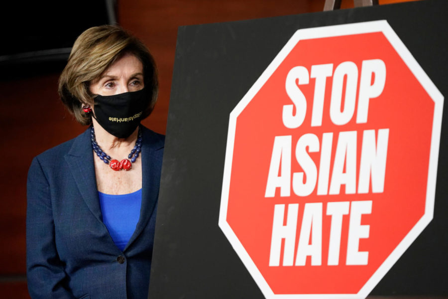 Speaker of the House Nancy Pelosi, D-Calif., attends a news conference on the COVID-19 Hate Crimes Act after the House passed the bill.